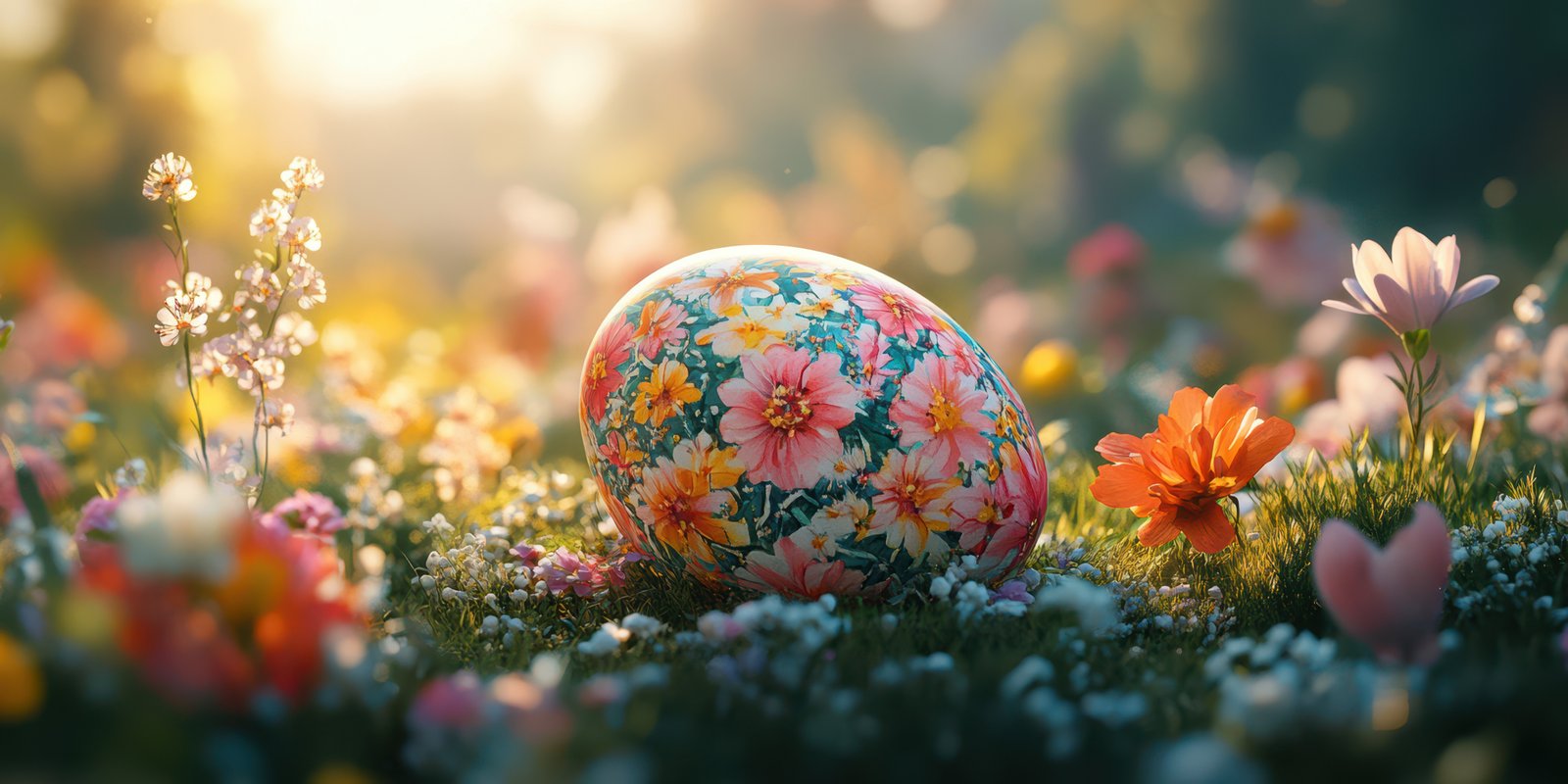 Vibrant floral egg nestled among blooming wildflowers in a sunlit meadow during springtime